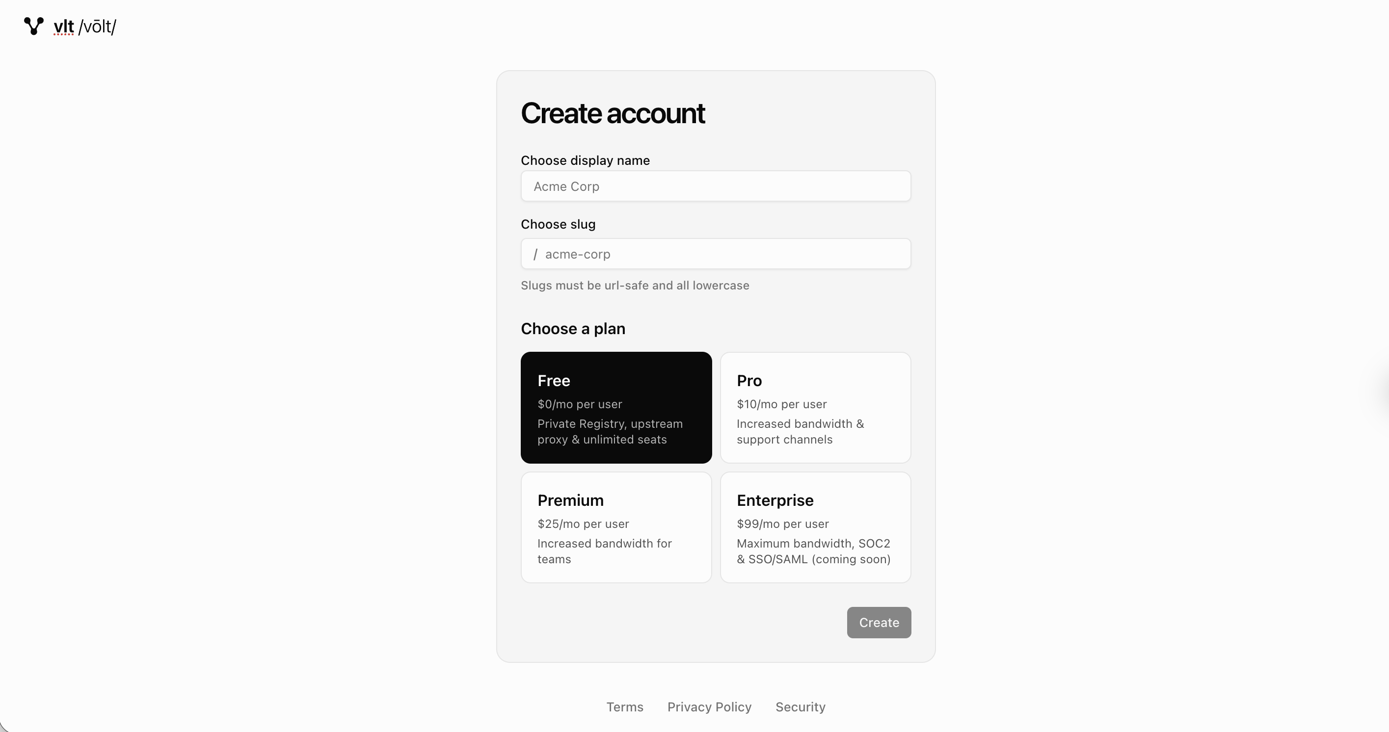 Screenshot of vlt account setup view with display name and slug fields, and a grid of plans for user selection
