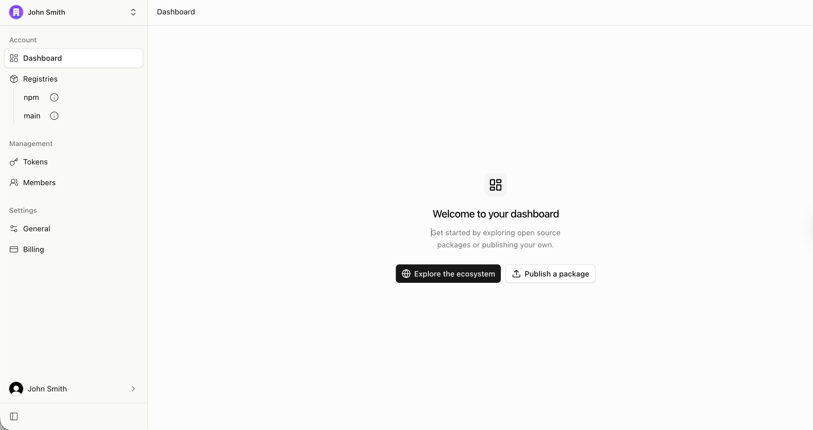 Screenshot of vlt Dashboard view displaying left side side navigation where using can browse through registries and account settings