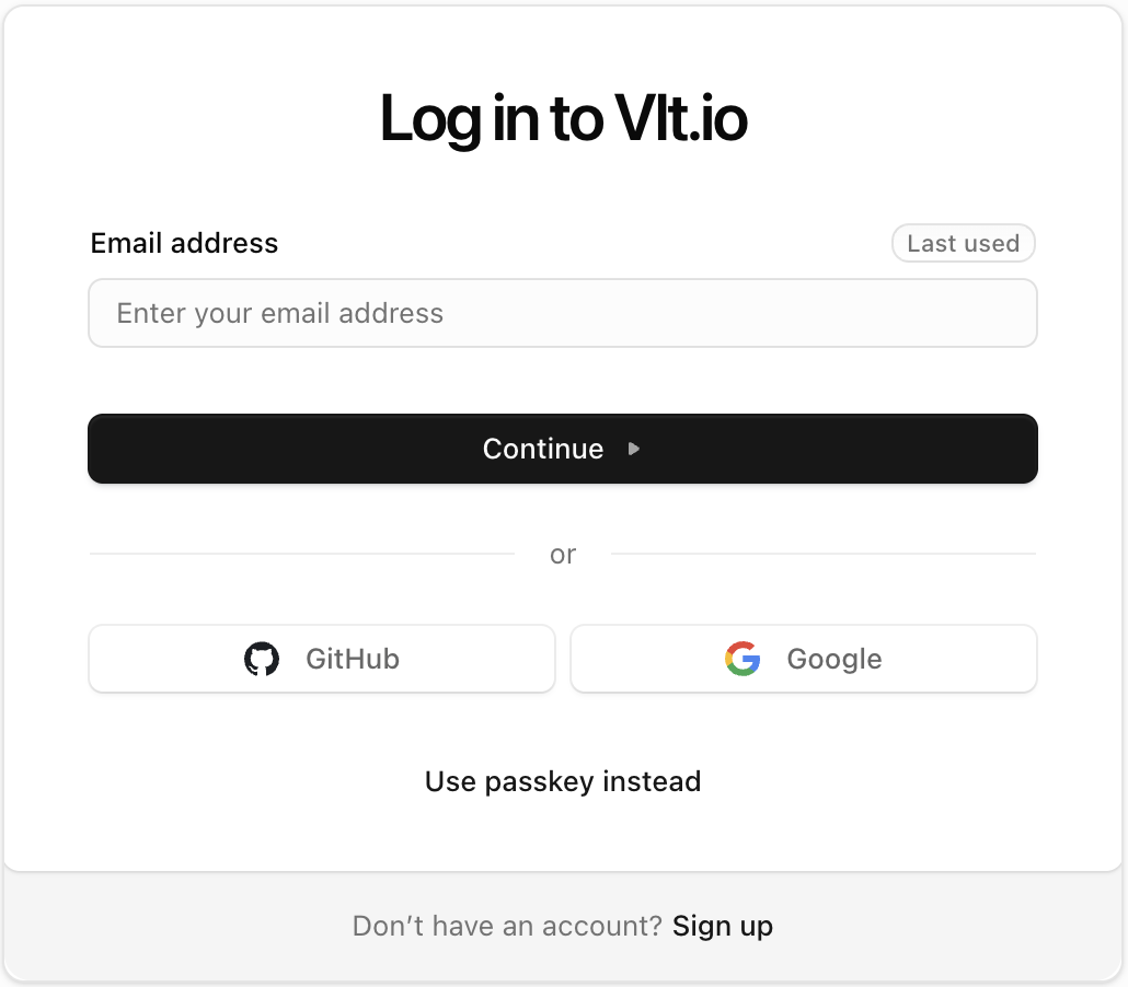 Login view on vlt.io with Email address input, continue button, and Github and Google login buttons. Below are links to Use passkey and a call to action to sign up if the user does not have an account