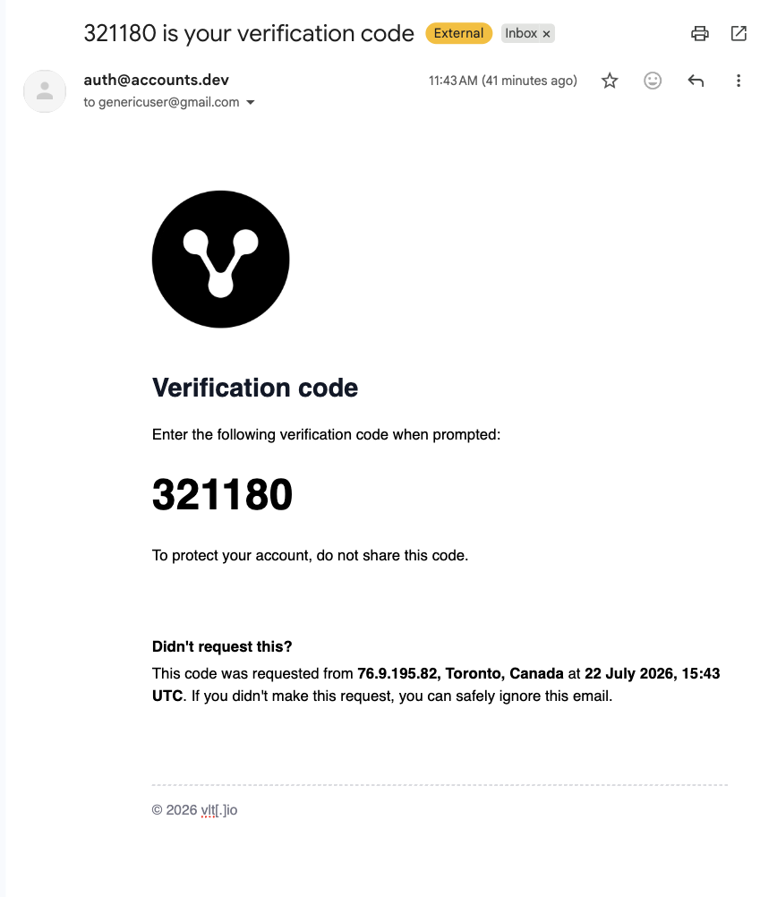 Screenshot of vlt signup one-time passcode email