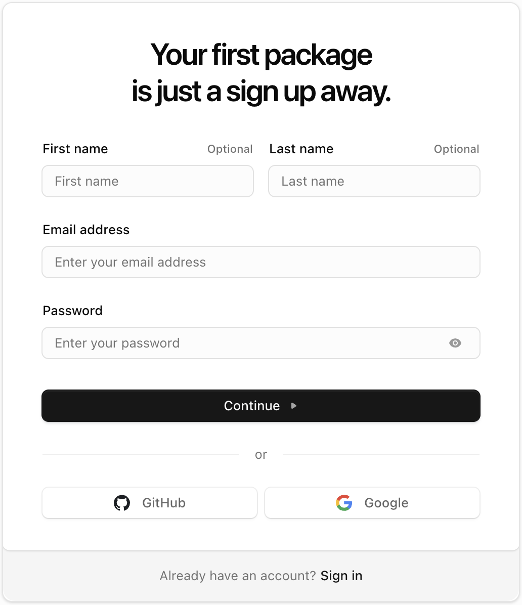 Sign up form on vlt's sign up view with first name and last name fields, and login buttons connecting to Google and Github